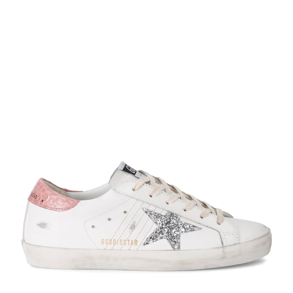 Golden Goose Superstar Sneakers w/ Pink Croc Heel Tab & Silver Sparkle Star